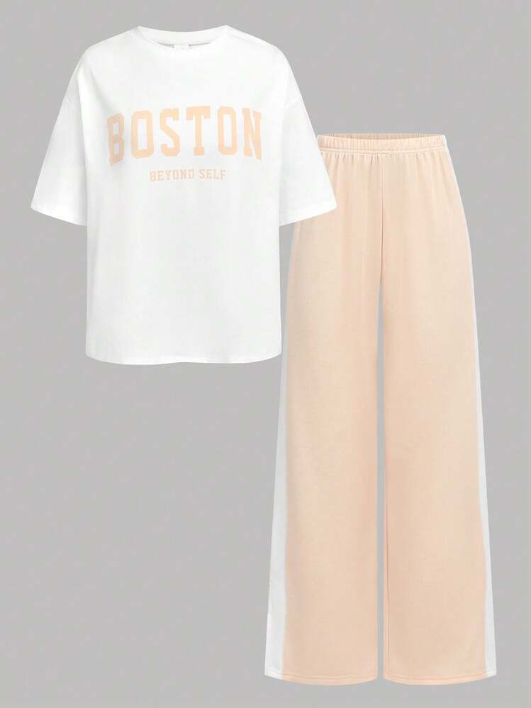 SHEIN Conjunto de 2 peças para meninas adolescentes casual slogan estampa contraste cor bainha dividida calças - Rosa - Ver 12
