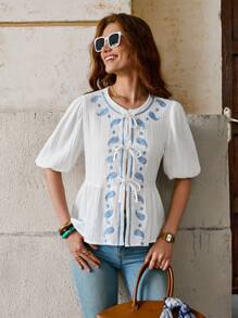Solivie 女士夏季100%纯棉刺绣度假宽松泡泡袖系带衬衫，适合教师穿着，夏季女装，纯棉刺绣上衣 - 白色 - 查看 9
