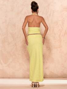 SHEIN BAE 女式黄色露背纹理短款上衣和低腰直筒下摆半身裙，夏季 - 黃色 - 查看 2