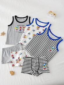 3pcs/Set Young Boy Superhero Spaceship Printed Sleeveless Cotton Vest And Briefs Underwear Set,Striped Cartoon Character Contrasting Colors, Summer Suit,Back To School Fall Winter
