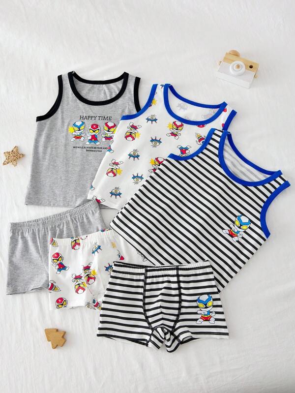 3pcs/Set Young Boy Superhero Spaceship Printed Sleeveless Cotton Vest And Briefs Underwear Set,Striped Cartoon Character Contrasting Colors, Summer Suit,Back To School