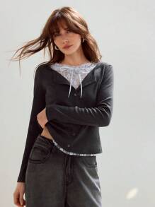 MOTF PREMIUM CONTRAST LACE BOW FRONT 2 IN 1 LONG SLEEVE TEE - Dark Grey - View 1