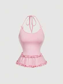 SHEIN MOD Neck Bowknot Decor Ruffle Hem Camisole - Pink - View 1