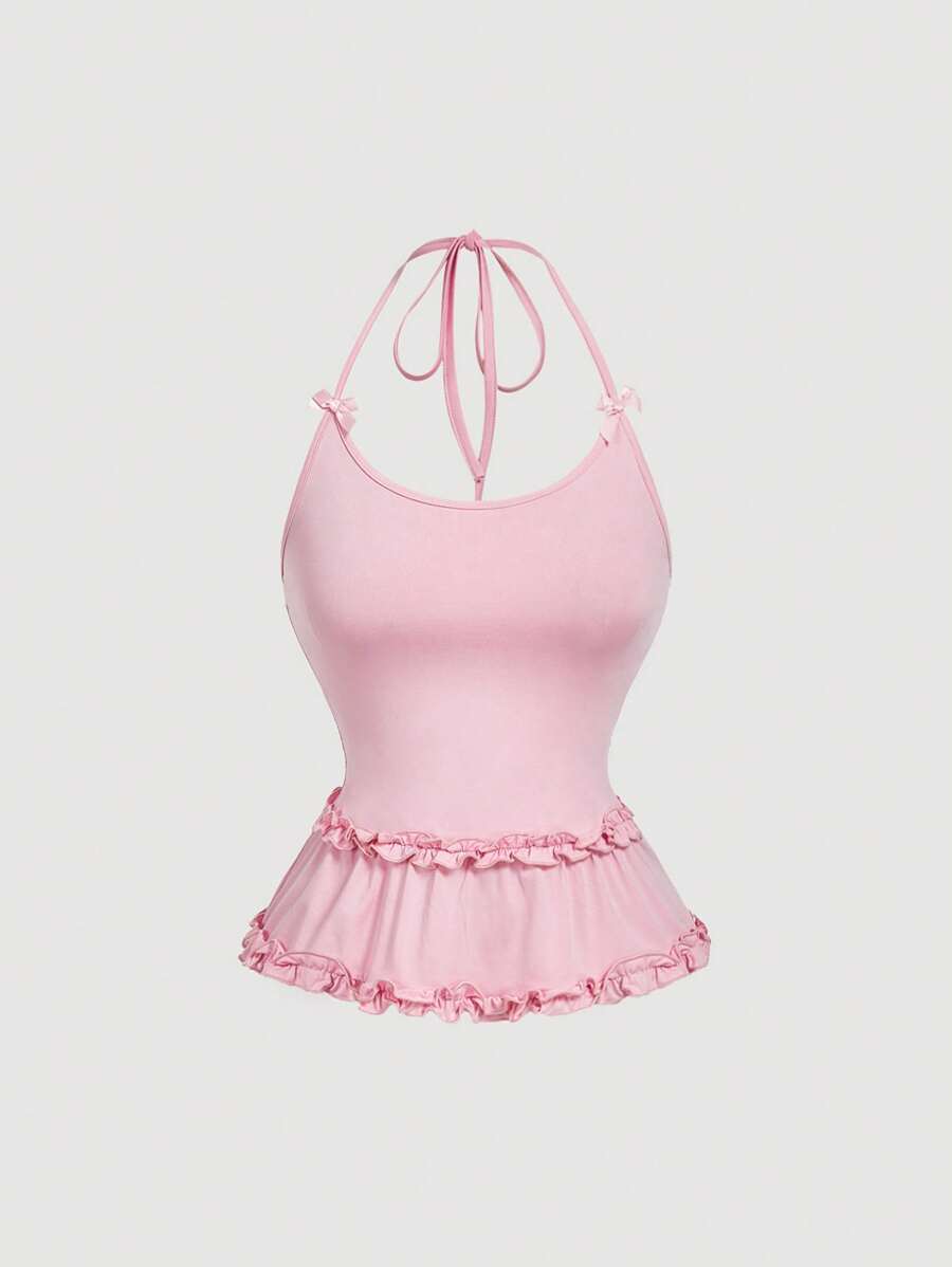 SHEIN MOD Neck Bowknot Decor Ruffle Hem Camisole - Pink - View 1