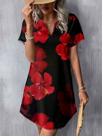 SHEIN LUNE Women's V-Neck Floral Woven Short Casual Dress, Suitable For Spring & Summer,Boho Clothes Women Chic Dress,Casual