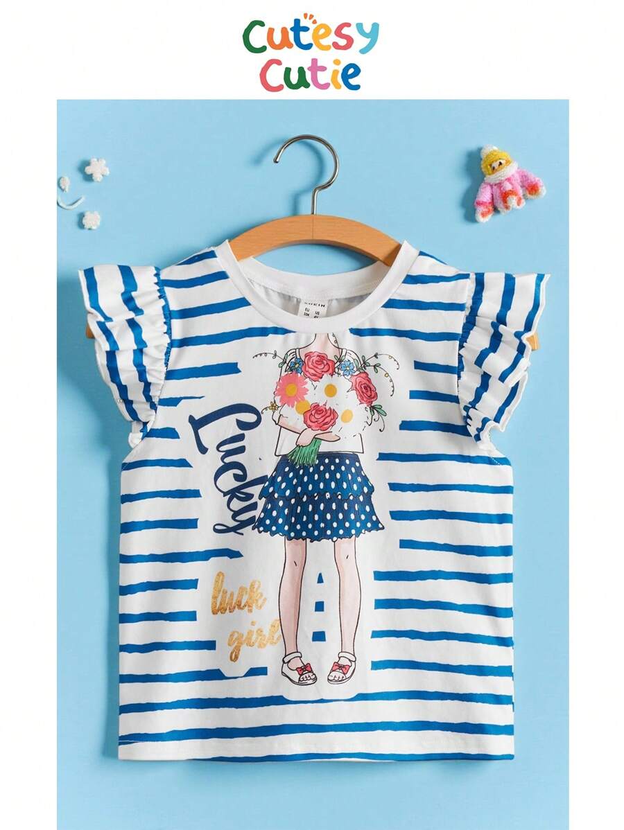 SHEIN Camiseta Com Manga Borboleta Com Impressão De Listras E Figura De Garota Jovem