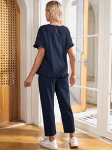 SHEIN Maternity Two Pieces Suits Summer Brunch Outfits For Women Ruffle - Navy Blue - View 2