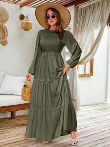 EURMUSE LANTERN LONG SLEEVE LAYERED LONG DRESS - Green - View 4