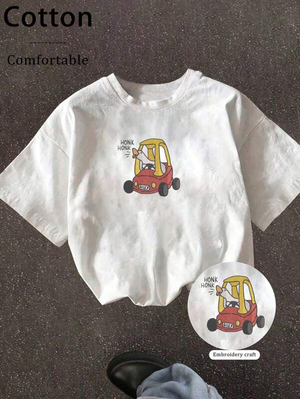 Vintage Embroidered Funny Geese Machine Embroidery, Round Neck Women Embroidered Pattern T-Shirt