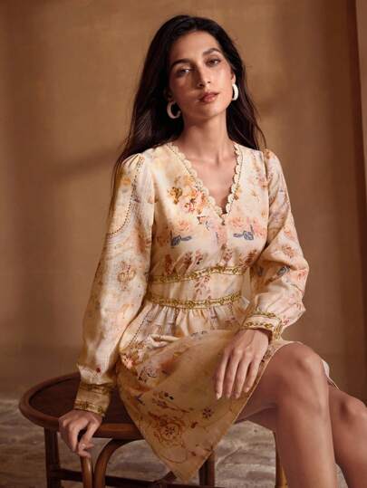 MOTF PREMIUM WOVEN FLORAL PRINT V-NECK DRESS WITH GOLDEN LACE TRIM, ELEGANT CASUAL VACATION EVERYDAY DRESS