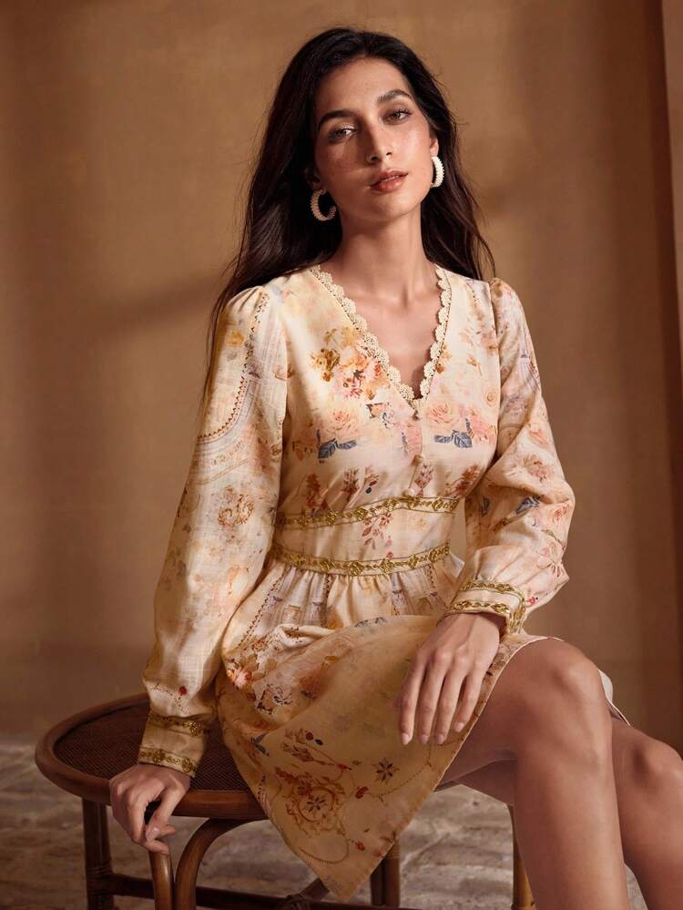 VESTIDO COM DECOTE EM V DE ESTAMPA FLORAL TECIDA COM ACABAMENTO DE RENDA DOURADA, VESTIDO ELEGANTE CASUAL PARA FÉRIAS E USO DIÁRIO