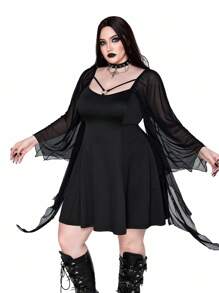 Whyspr Đầm suông tay loe lưới màu trơn cỡ lớn cho nữ - màu đen - Xem 3