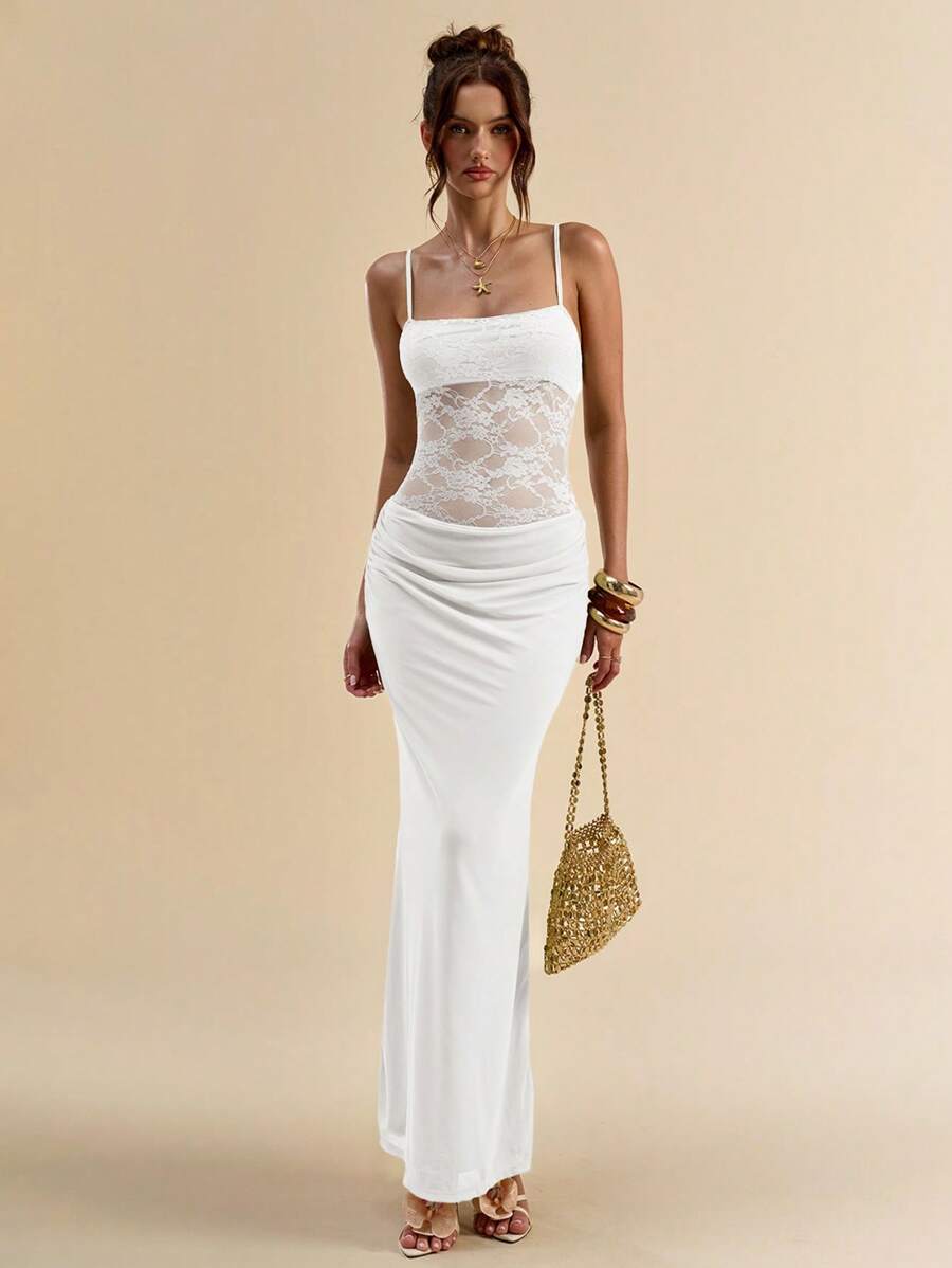 SHEIN BAE Women's Summer Sexy Vacation Lace Patchwork Sheer Back Pleated Bodycon Spaghetti Strap Dress,Fall Wedding Guest Dress,Valentine's Day,Valentine Outfits For Women - White - View 1