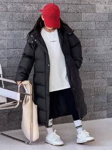 DAZY Tween Girls Hooded Casual Mid-Length Loose Straight Padded Coat Winter - Black - View 3