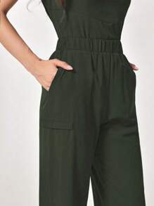 TaskEZ Conjunto de uniforme de pijama médico con top de manga corta de cuello en V de unicolor y pantalones con bolsillo - Verde militar - Ver 4