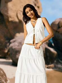 Easelle 女士两件套白色毕业礼服梭织度假棉套装：前系带背心和裙子波西米亚风假日服装 - 白色 - 查看 5