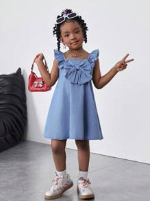 SHEIN Rochie scurtă drăguță din denim albastru pentru fete tinere, cu decorațiuni cu funde mari pe față și mâneci cu frunze de lotus, ținută boho casual de primăvară și vară, pentru vacanță la țară - Spălare ușoară - Vizualizare 4