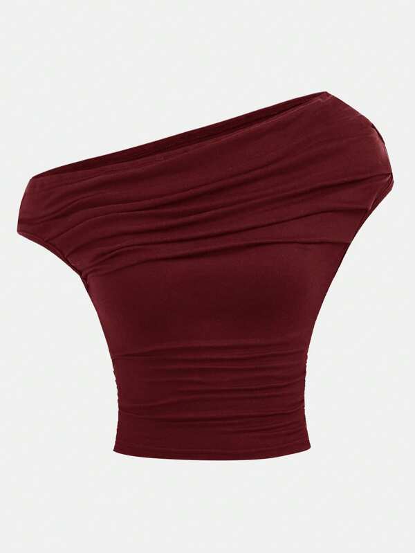 Girlism Teen Girls Solid Color Off Shoulder Ruched Snug Fit Cropped Sleeveless Knit Top, Versatile Fitted Tops Red Tube Top Tube Tops Women One Shoulder Top Crop Top