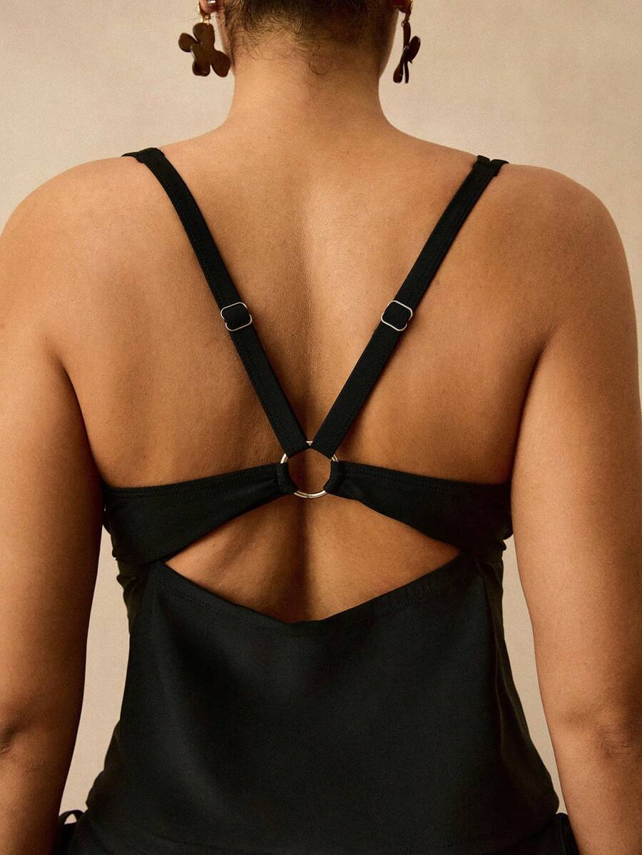 SHEIN VCAY 大码女式夏季海滩度假简约纯色O型环露背侧系带比基尼套装