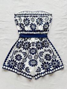 Soleia 全新优雅花卉波西米亚吊带连体裤，非常适合度假蓝白花卉连体裤花卉连体裤短裤抹胸连体裤白色连体裤配蓝色花朵女式连体裤