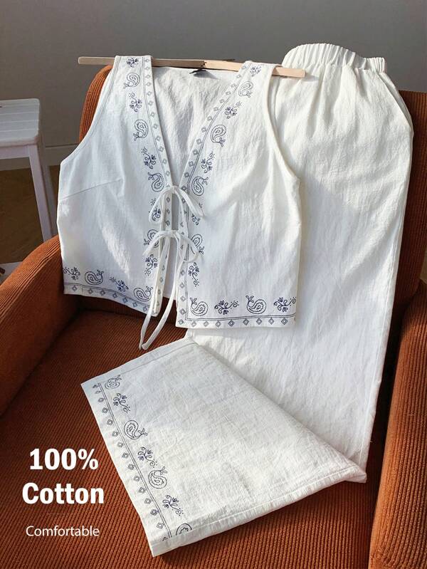 Comfortcana Summer Bohemian White Woven Print 2-Piece Outfit ,2 Piece Cotton Sets Women ,Summer Pants Sets