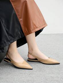 CUCCOO BIZCHIC Giày bệt đế bằng mũi nhọn đơn giản màu trơn dành cho nữ, giày đi làm cơ bản đa năng, màu đen, da PU tráng gương - Màu be - Xem 5