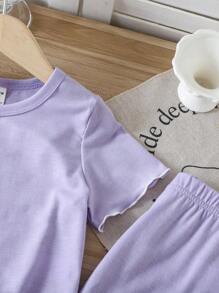 SHEIN Vintaside Kids 2pcs/Set Young Girl Bow Decor Short Sleeve T-Shirt And Shorts Casual Outfit, Summer - Mauve Purple - View 4