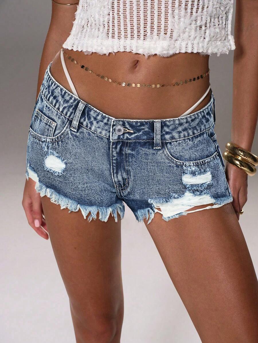 TRNVIE Casual Washed Ripped Low Waist Denim Shorts