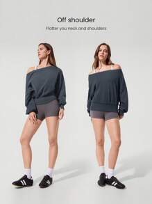 GLOWMODE 日常毛圈布休闲柔软透气吸汗短款宽松紧身下摆露肩运动衫健身房日常运动休闲装 - Iron Gray - 查看 3