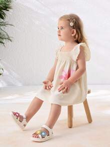 Cozy Pixies 1 par de sandalias planas de verano suaves y versátiles con flores 3D para niñas pequeñas, estilo princesa y casual a juego