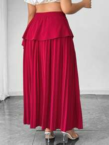 SHEIN Unity 大码女式优雅纯色3D花卉高腰褶皱A字长裙 - 酒紅色 - 查看 2