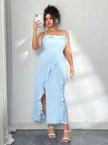 Elenzga 女式大码无袖荷叶边连衣裙 - 淺藍色 - 查看 1