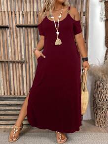 EMERY ROSE 加大码露肩短袖斜口袋侧开衩长裙，夏季休闲简约长裙，黑色，夏季女装 - 酒紅色 - 查看 4