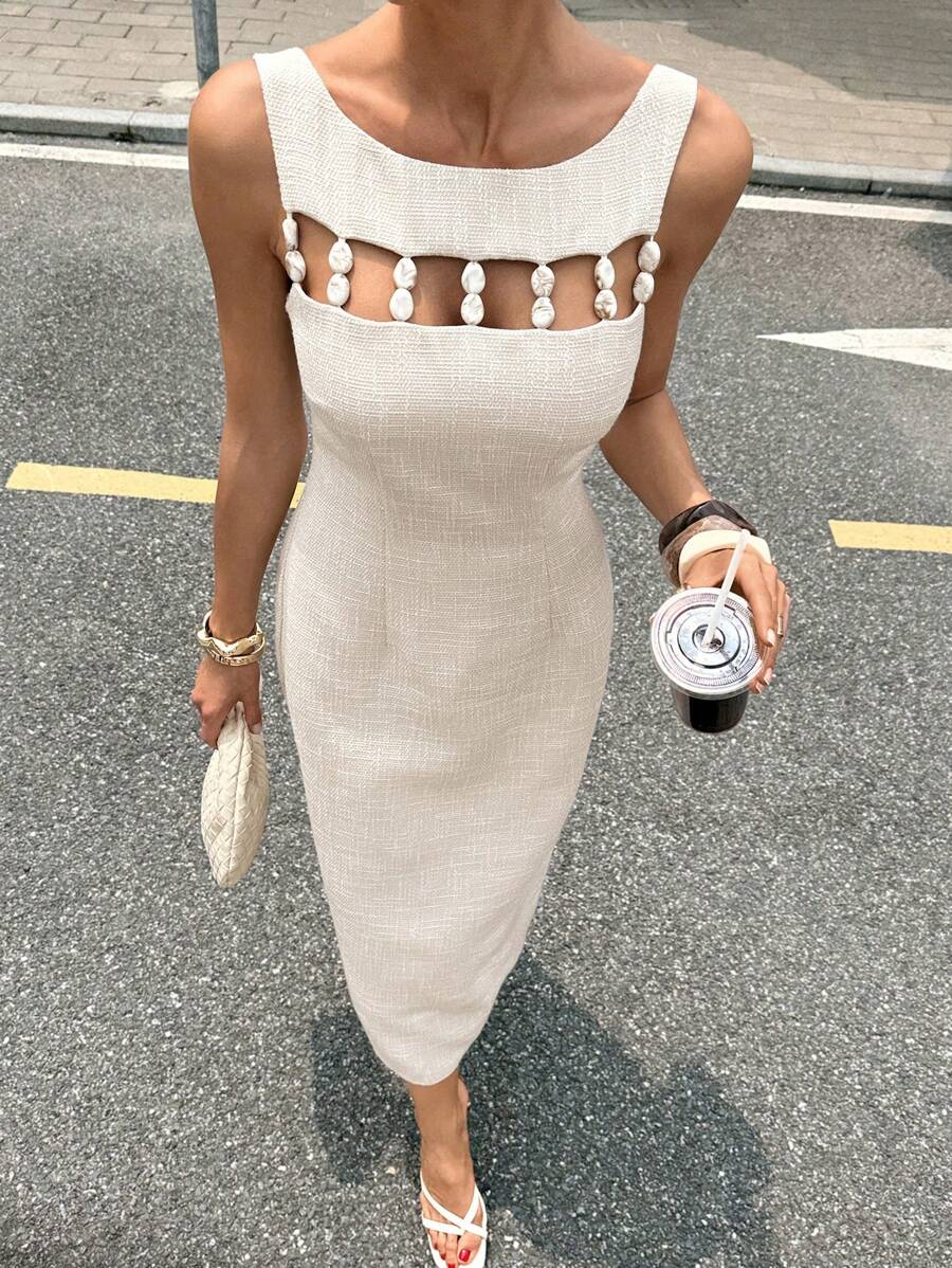 Siren Gaze Vestido sem mangas com decoração de miçangas e corte A para o verão - Damasco - Ver 1