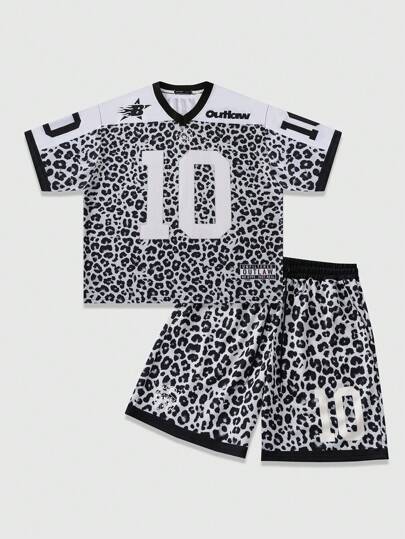 Prep بدلة كاجوال صيفية للرجال مكونة من تي شيرت فضفاض مطبوع برسم النمر وشورت من قطعتين