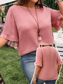 EMERY ROSE Blusa de verano con mangas con volantes de unicolor y talla grande, estilo casual de vacaciones, playa, para vacaciones de verano, concierto country, estilo bohemio, vacaciones, ropa occidental para mujer de talla grande, top para fiesta - Verde Oscuro - Ver 7