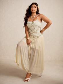 Elaquor 大码女式花卉亮片褶饰网眼下摆吊带裙 - 杏色 - 查看 1