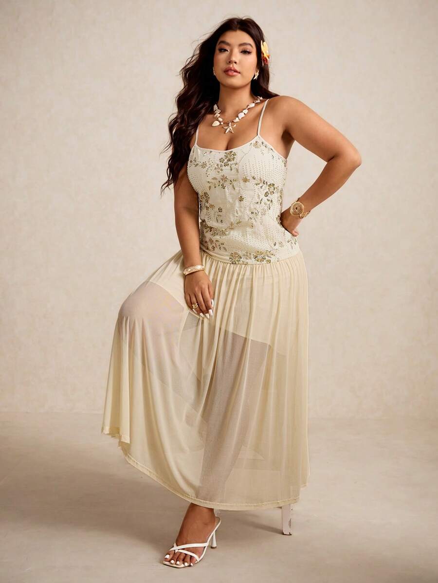 Elaquor 大码女式花卉亮片褶饰网眼下摆吊带裙 - 杏色 - 查看 1