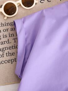 SHEIN Leap Crew Tween Girls' Vacation Casual Woven Solid Color Short Sleeve Shirt And Shorts Set, Spring/Summer - Mauve Purple - View 4