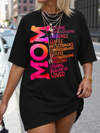 SHEIN LUNE Plus Size Letter Print Short Sleeve T-Shirt LOVING UNDERSTANDING PATIENCE GENTLE AFFECTIONATE COMPASSIONATE SELFLESS HARDWORKING PROTECTIVE STRONG BEAUTIFUL LOVED Graphic Tees Women Tops