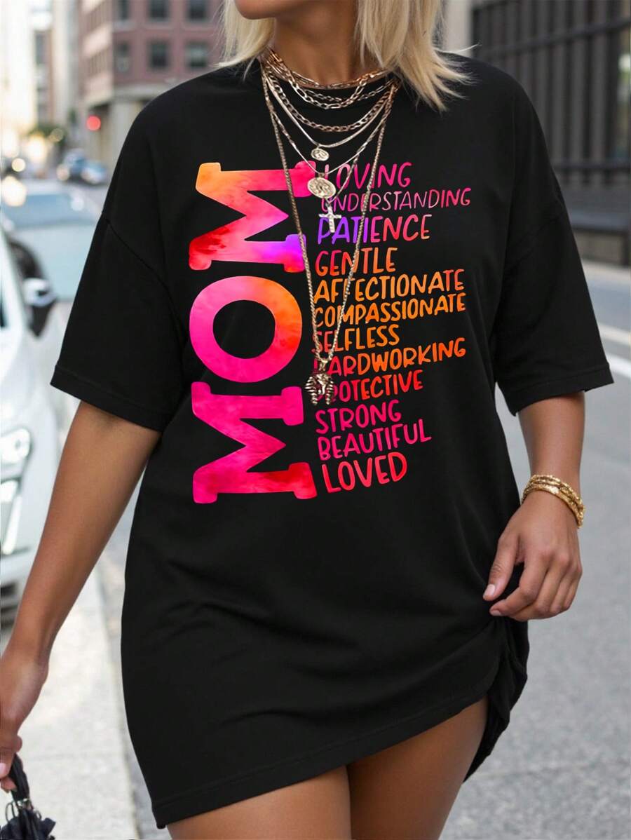 SHEIN LUNE Plus Size Letter Print Short Sleeve T-Shirt LOVING UNDERSTANDING PATIENCE GENTLE AFFECTIONATE COMPASSIONATE SELFLESS HARDWORKING PROTECTIVE STRONG BEAUTIFUL LOVED Graphic Tees Women Tops - Black - View 1