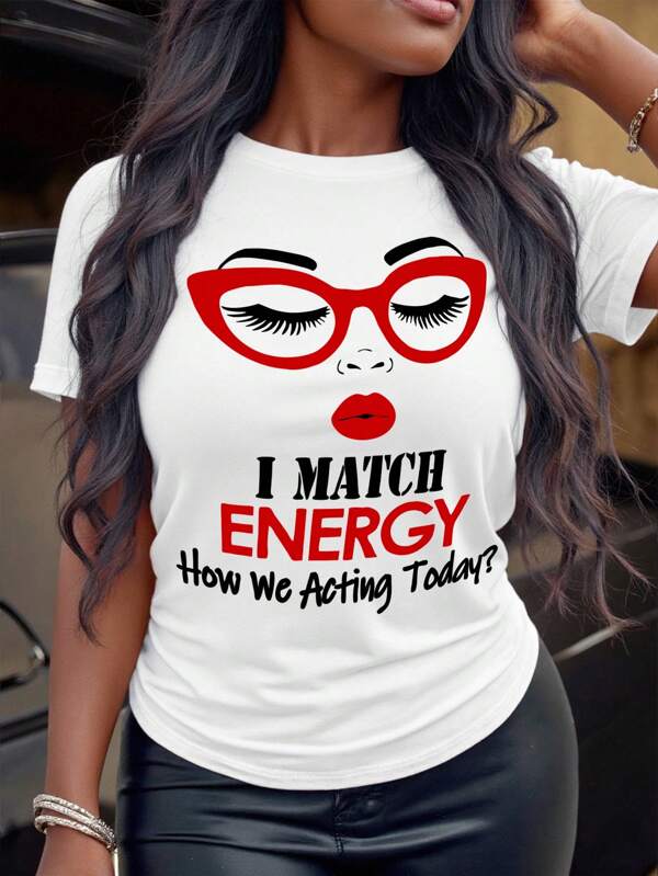 SHEIN MOOSTA Women's Slogan & Figure Graphic Round Neck Short Sleeve Casual T-Shirt Graphic Tees Women Tops
