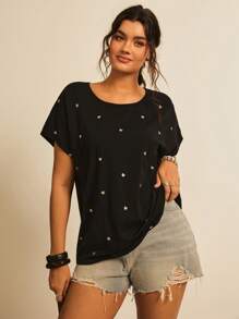 SHEIN VCAY Camiseta holgada con estampado de corazón en estilo bohemio y casual para talla grande, sencilla y de moda para uso diario en verano