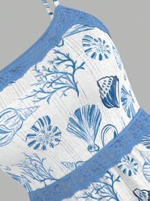 SHEIN MOD Vestido de talla grande con bloque de color, ribete de encaje y estampado de animales oceánicos - Azul y blanco - Ver 3