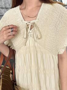 FRIFUL Robe longue décontractée d'été en ligne A ample, unie et à carreaux, avec fronces et nœud papillon pour les femmes