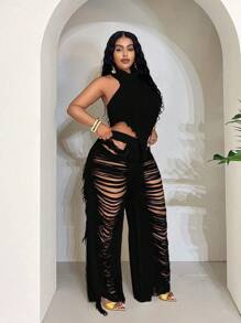 Maweii 大码女式毛衣套装纯色白色吊带背心+破洞流苏性感裤休闲性感派对针织套装度假夏季女装