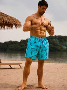 Manfinity VDAYZ Shorts casuales de playa para hombres con cintura con cordón y estampado de caballitos de mar todo sobre