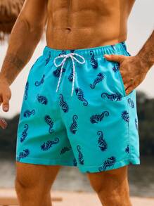 Manfinity VDAYZ Shorts casuales de playa para hombres con cintura con cordón y estampado de caballitos de mar todo sobre