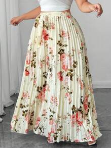 SHEIN Unity 大码女式优雅浪漫花卉印花腰部褶皱飘逸半身裙 - 彩色 - 查看 5