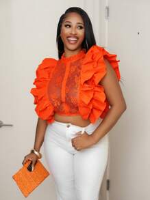 SHEIN BamGlam Women's Sexy Sheer Lace Patchwork With Ruffle Hem Blouse, Summer - Orange - View 1